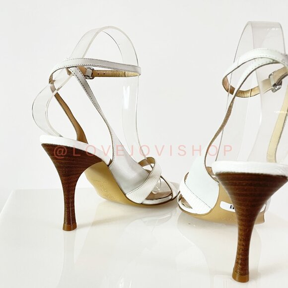 Feminine | Vintage Escada Kitten Heel Sandals | White Croc Embossed Leather - Picture 6 of 11